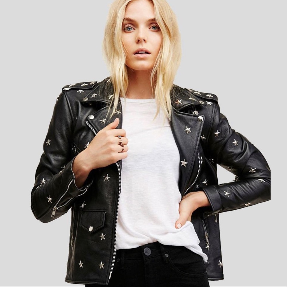 Understated Free people Revolve Leather Star Studded Leather Jacket Size Large
